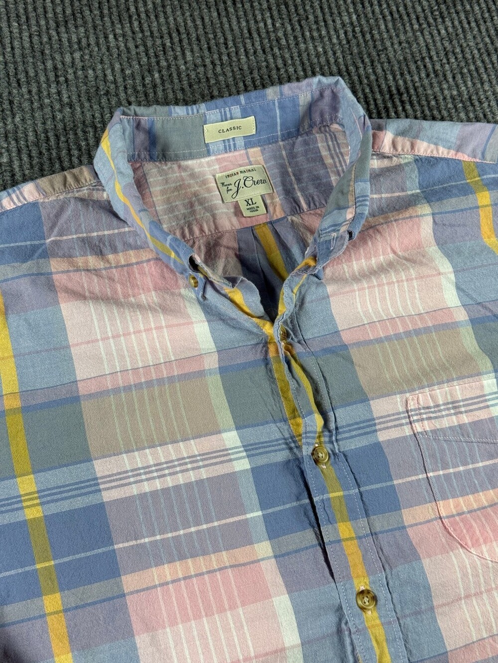 J.Crew Indian Madras Button Up Mens XL Classic Fit Pink Light Blue Long Sleeve
